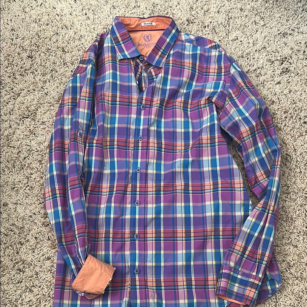 Bugatchi Purple and Blue Casual Long Sleeve Button Dress Shirt Vibrant Style XL